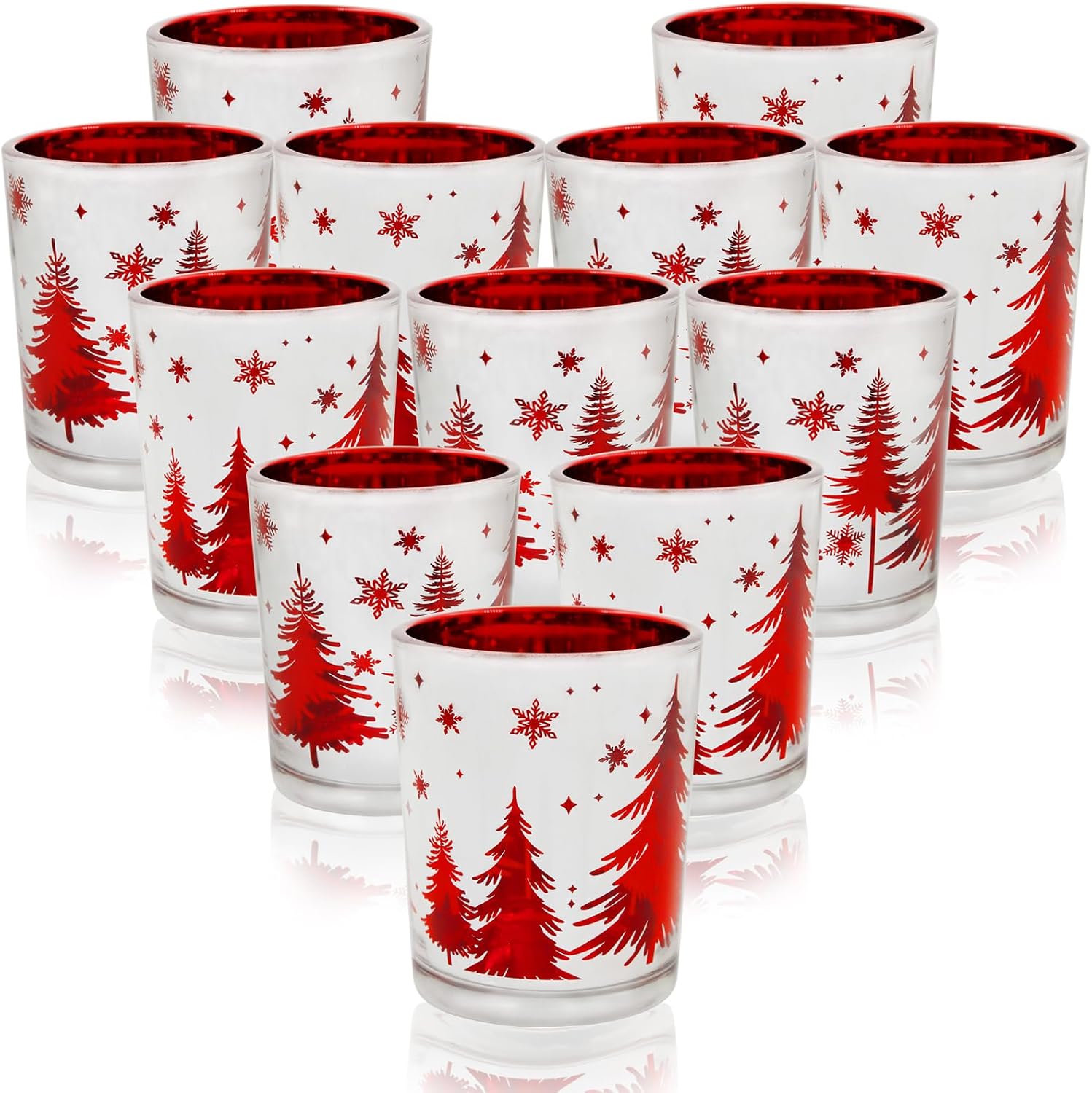 Christmas Candle Holders 12PCS, Silver Red Votive Tealight Candle Holders with Carved Christmas Trees for Xmas Table Centerpiece Decor