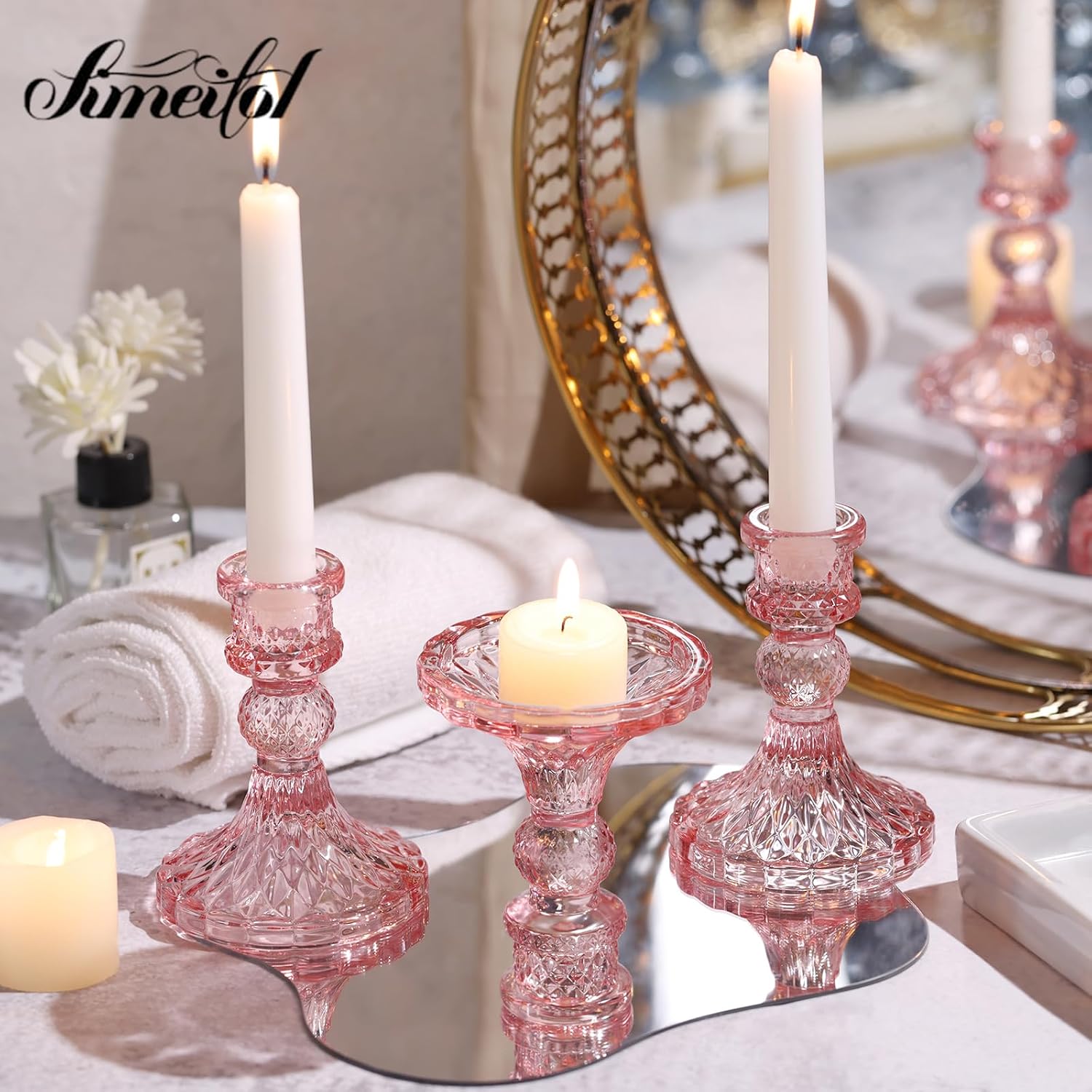 Glass Candle Holder Set of 12, Pink Taper Candle Holders Bulk, Vintage Candlestick Holders, Candle Stick Holder for Table Centerpieces, Wedding & Mother's Day