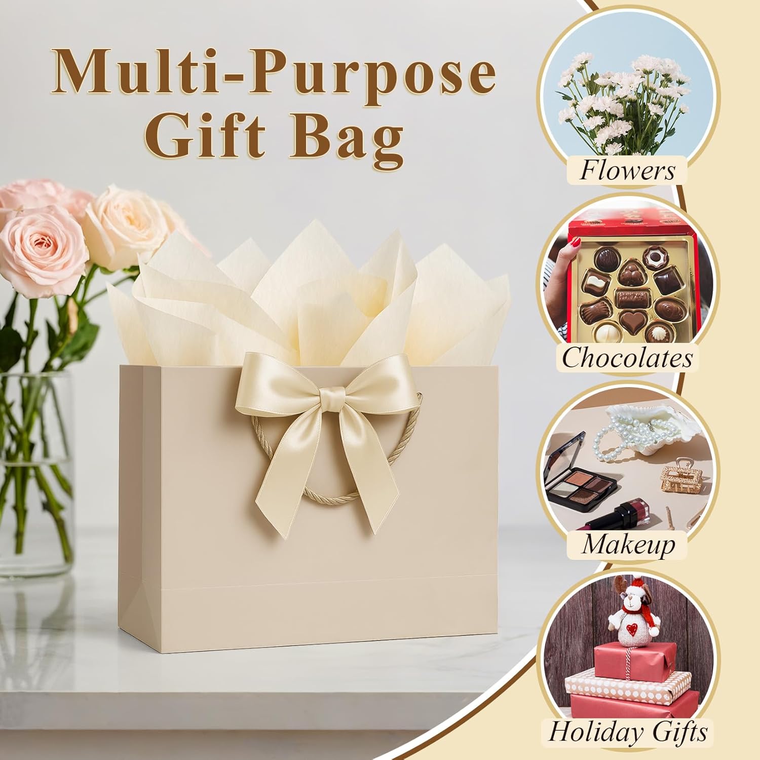 ANZNKU Gift Bags Medium with Handles with Ribbon Card and 2 Tissue Paper, 1 Pcs Cute Champagne Beige Paper Gift Wrap Bag for Wedding Party Favors Birthday Baby Bridal Shower Engagement & Graduation