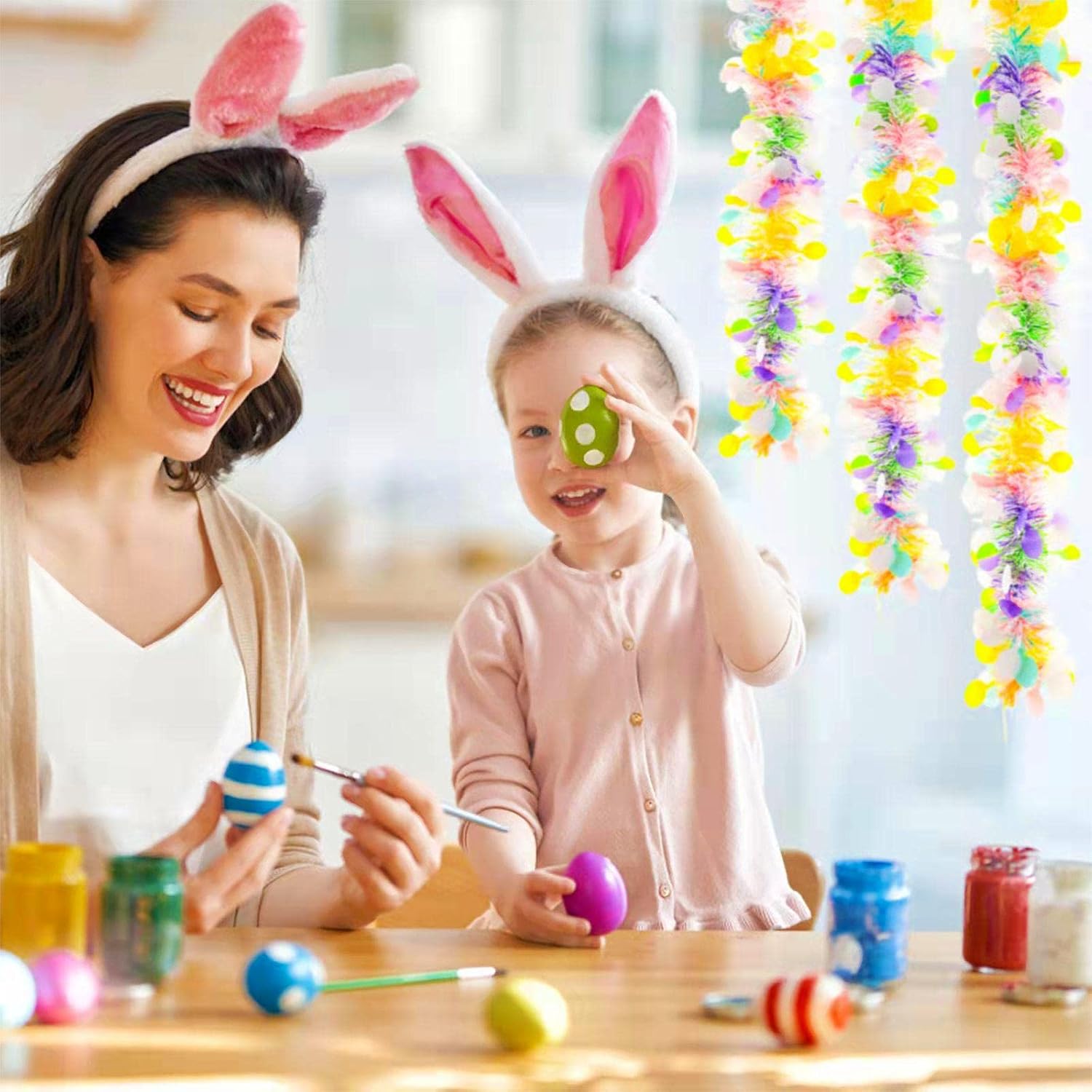 33ft Easter Tinsel Garland,Colorful Egg Tinsel Twist Garland with Confetti Spring Hanging Tinsel Ornament Decoration for Fireplace Mantel Tree Eatser Party Decoration