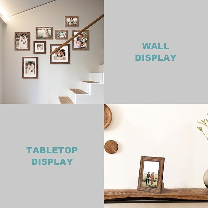12x12 Picture Frame Set of 4 with Tempered Glass, Rustic Frame Display 10x10 Pictures with Mat or 12 x 12 Without Mat, Wood Square Photo Frames for Desktop Display and Wall Mounting