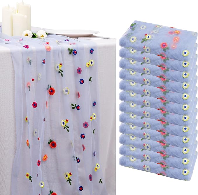 BINBE 12pcs Daisy Fall Table Runner Embroidery Gauze 10FT Florals Seasonal Tulle Holiday Birthday Kitchen Dining Table Decor for Home Party Blue
