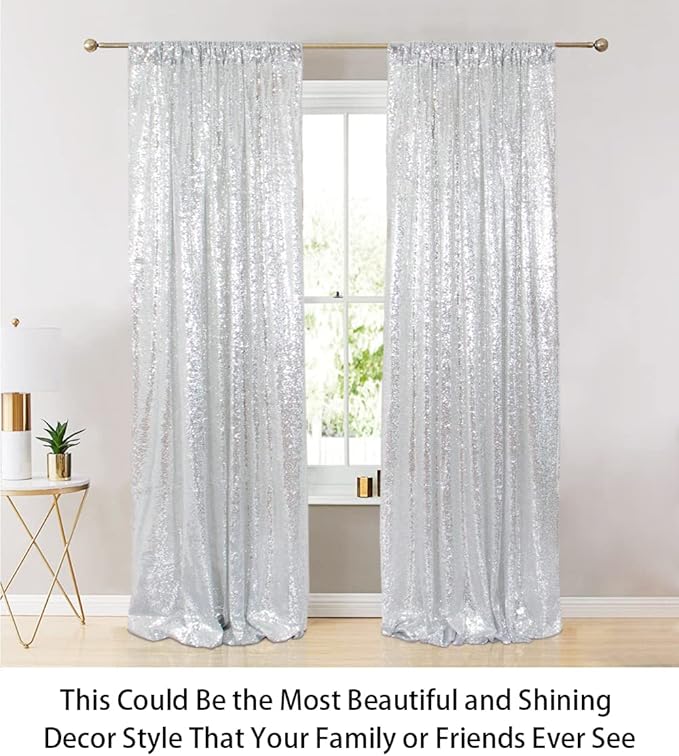 ShinyBeauty Sequin Curtains 2 Panels Silver 2FTx8FT Sequin Photo Backdrop Silver Sequin Backdrop Curtain Pack of 2-1011E