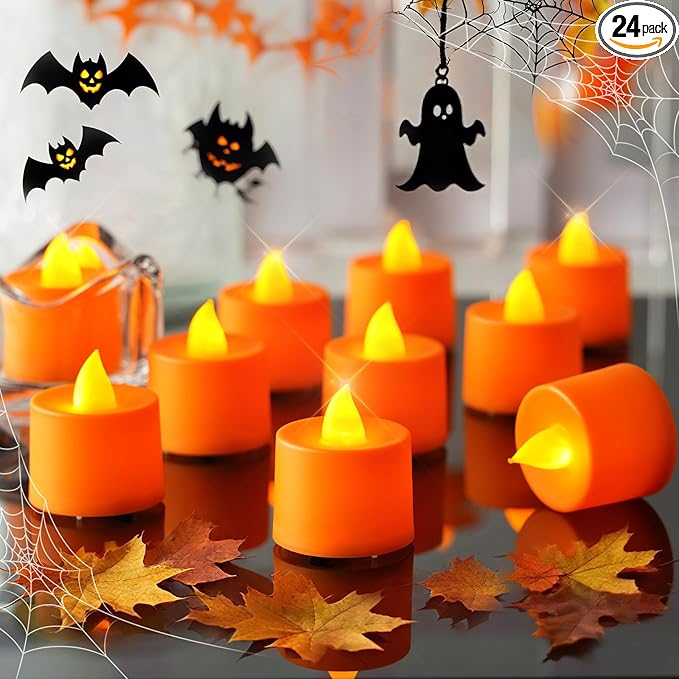 Amagic 24 Pack Halloween Orange LED Tea Lights, Flameless Votive Candles Battery Operated, Electric Fake Colored Tealights Candles for Party, Christmas, Thanksgiving, Table Centerpiece, Holiday Decor