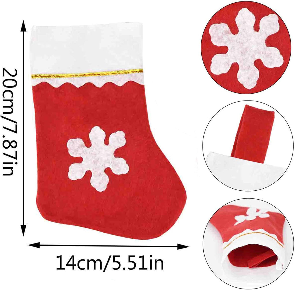 Jmkcoz 20 Pack Christmas Mini Stockings Sock Decoration Snowflake Tableware Holders, Red Felt Knife Spoon Fork Bag Candy Pouch Bag Plush Cuff Socking for Xmas Party Tree Dinner Table Home Ornaments