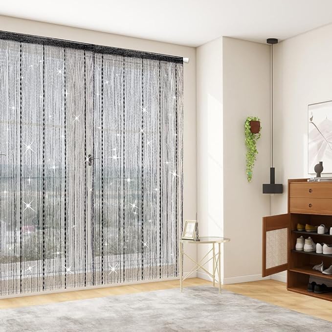 Hysenm Door String Curtains 39x79 Inch Black Panel Soft Balls Romantic Glitter Fringe Room Divider Home Décor Wedding Girls Bedroom Window Living Room Backdrop Party Doorways Closet