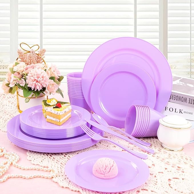 KIRE 150 PCS Purple Plastic Plates - Purple Dinnerware Set Disposable 25 Dinner & 25 Salad Plates 25Forks 25Knives 25Spoons 25Clear Cups for Birthday/Baby Shower