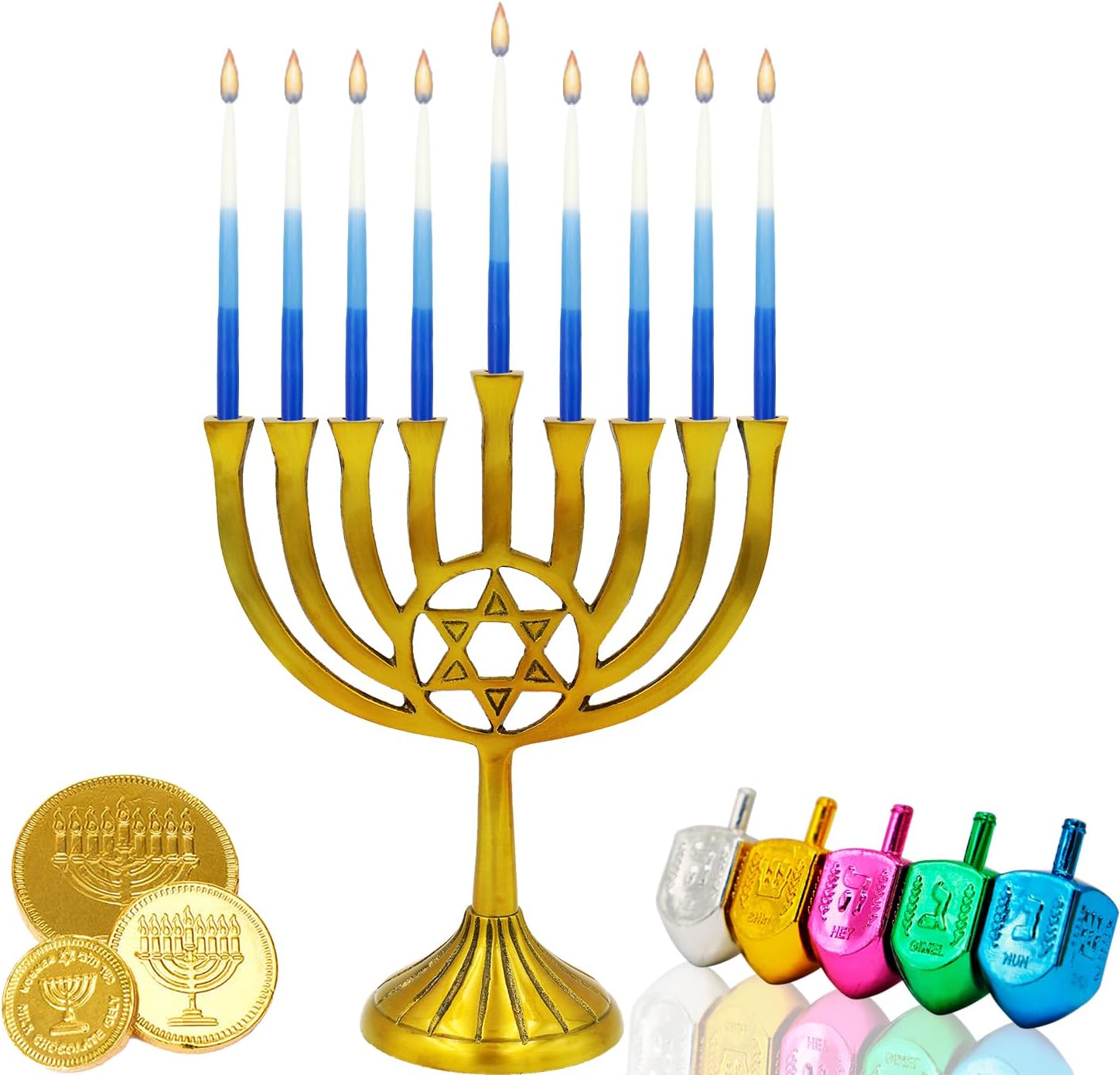 The Dreidel Company Premium 1-Hour Burn Time Tapered Hanukkah Menorah Candles Tri Color,Blue, and White, Candles for All 8 Nights of Chanukah