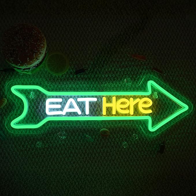 Looklight Eat Here Arrow Neon Sign Dimmale Neon Lights For Wall Decor Led Lights For Home Kitchen Restaurant Bar Party Decor USB Powered 16.6x5.5in