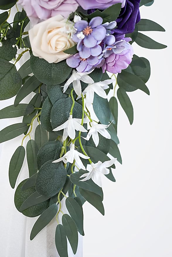 Lilac Artificial Wedding Arch Flowers Kit (Pack of 3) with 26Ft White Shiny Arch Draping Fabric for DIY Wedding Party Ceremony Reception Backdrop Floral Decoration