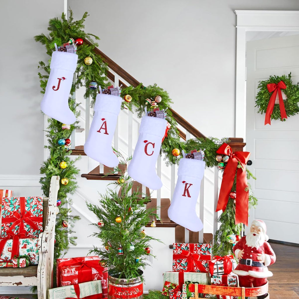 20 Inches Monogram Christmas Stockings with Letters, Large Super Soft Christmas Stockings White Velvet with Super Soft Plush Cuff for Xmas Tree Holiday Fireplace Red Letter J