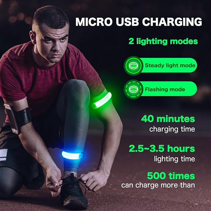 LED Armband Running USB Rechargeable(2 Pack), High Visibility Wristband for Runners, Joggers, Pet Owners, Cyclists, Adjustable Waterproof Reflective Bracelets for Night Running, Walking