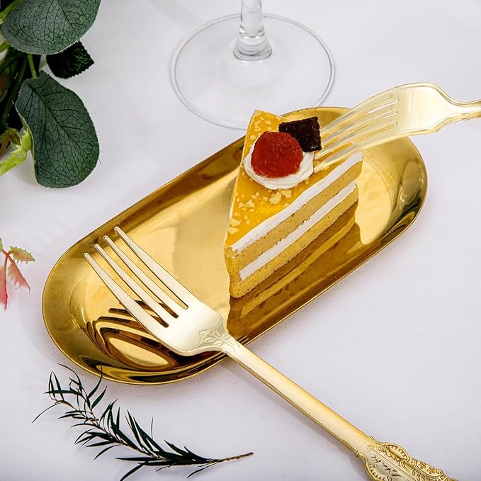 WDF 100 Piece Gold Forks Disposable - 7.48 Inch Gold Plastic Forks - Baroque Plastic Silverware for Dessert Cake - Heavy Duty Thanksgiving for Party, Wedding or Daily Using