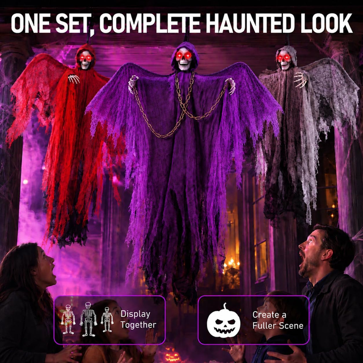71" Halloween Hanging Skeleton Ghosts with Moving Grabbing Arm, Scary So...