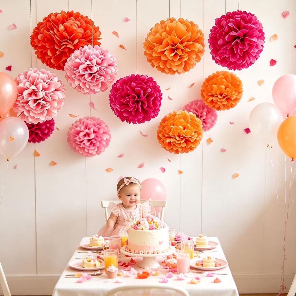 AimtoHome Pink Orange Tissue Paper Flower Pom Poms12pack Hanging Paper Pom Pom Decorations for Tea Party, Wedding, Bridal Shower, Birthday, Fiesta, Baby Shower, Nursery, Bachelorette, 10/8/6 inch
