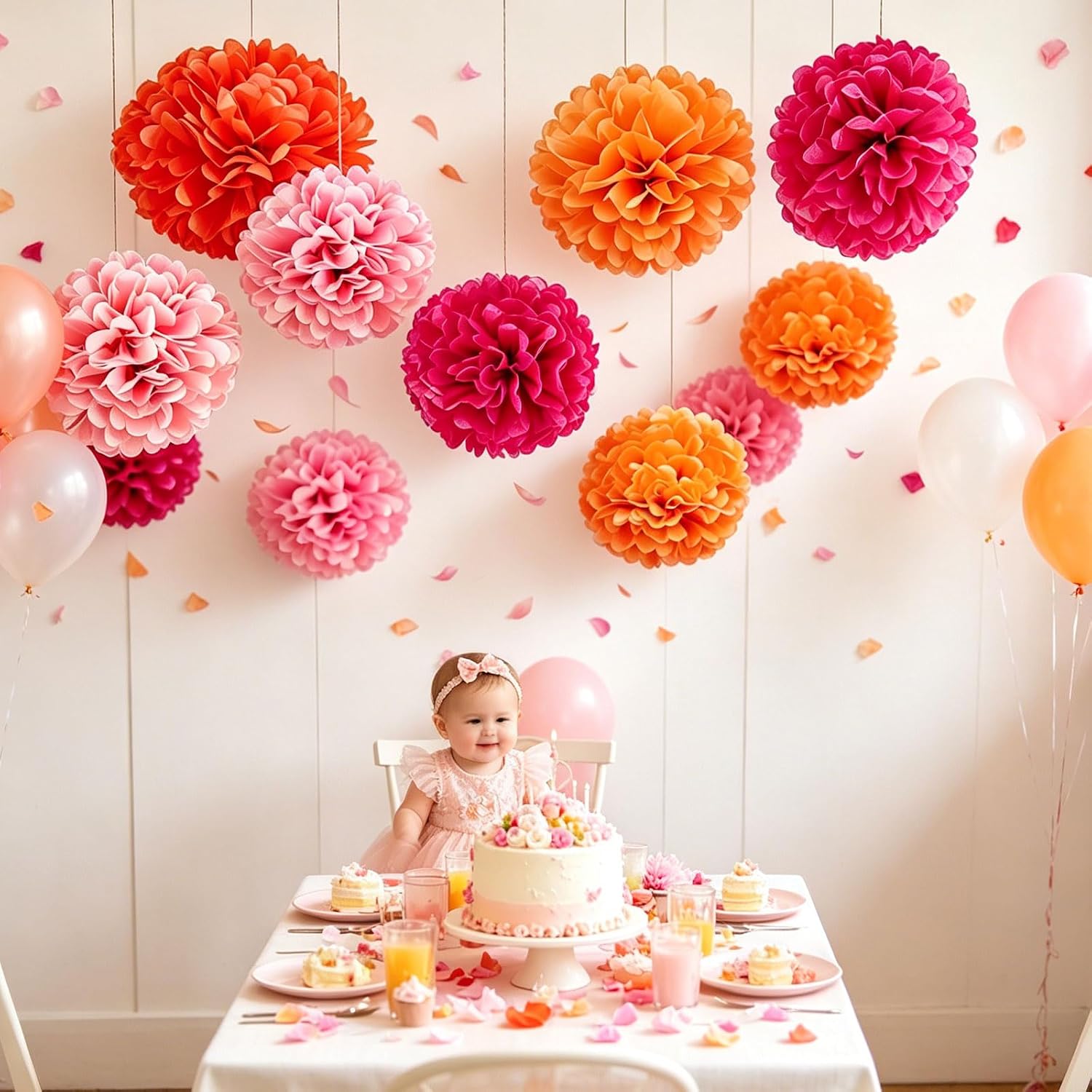 AimtoHome Pink Orange Tissue Paper Flower Pom Poms12pack Hanging Paper Pom Pom Decorations for Tea Party, Wedding, Bridal Shower, Birthday, Fiesta, Baby Shower, Nursery, Bachelorette, 10/8/6 inch