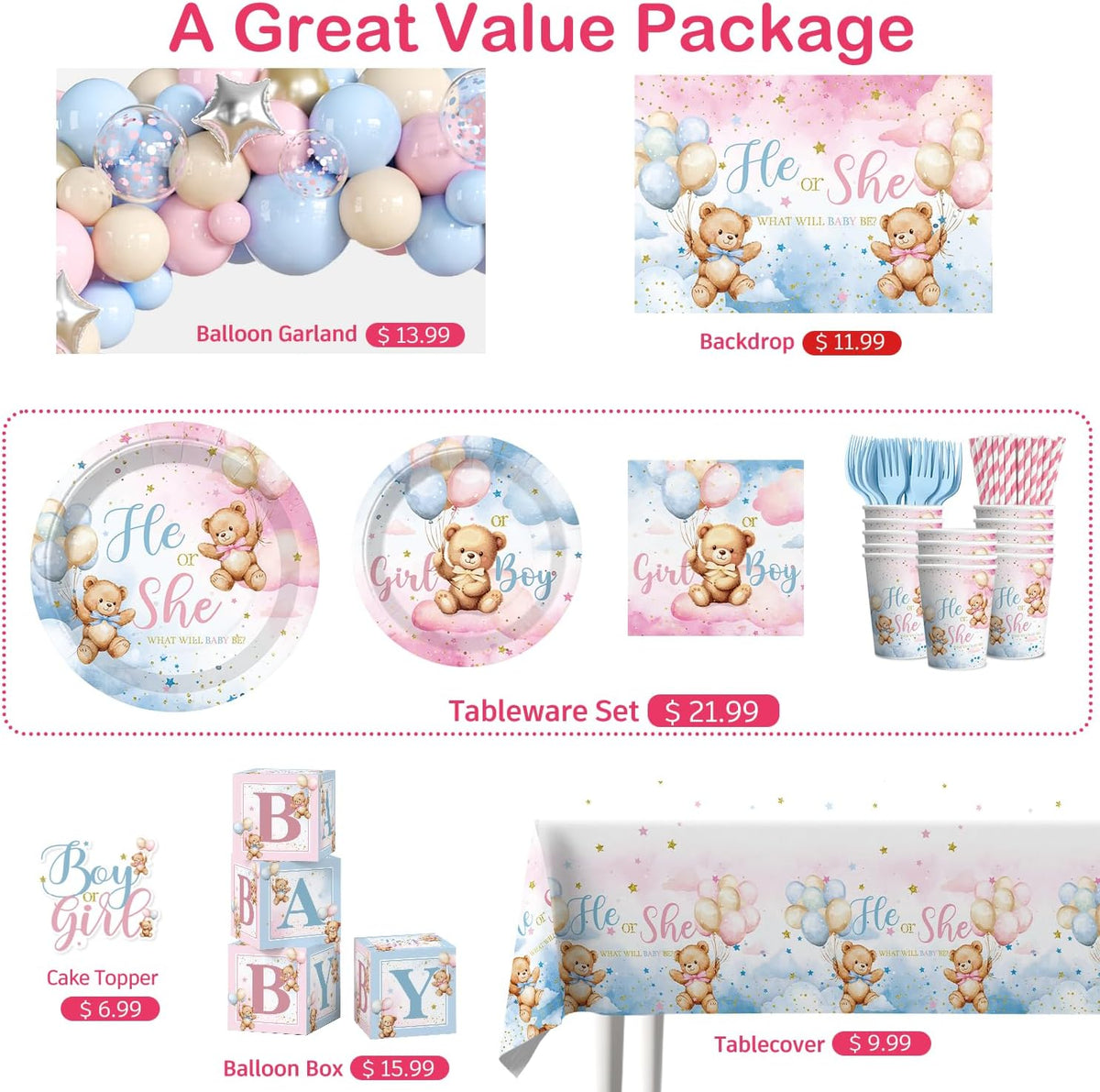 cocomigo 232pcs bear gender reveal decorations complete party, close-up detail