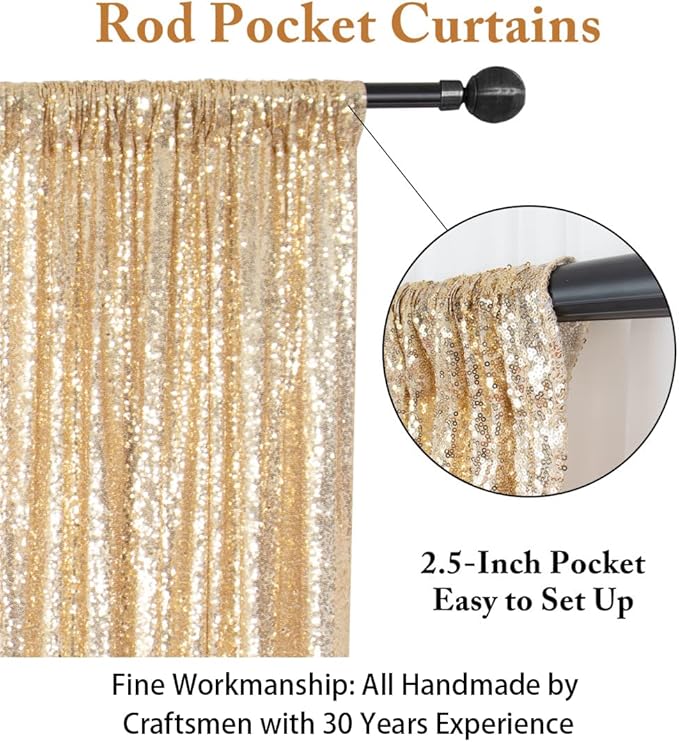 ShinyBeauty Sequin Backdrop - 8ft x 10ft Light Gold Sequin Fabric Drapes Sparkle Background for Photoshoot and Birthday Party