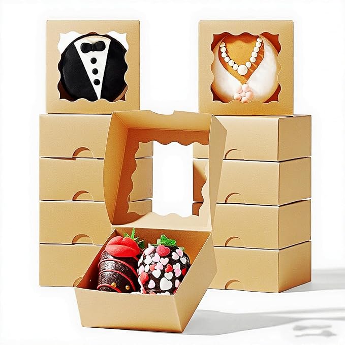 RomanticBaking 3 ¼" x 3 ¼" x 1 ½" 50PCS Chocolate Truffle Boxes for 4,Mini Bakery Boxes with Window for Brownie,Cookies, Soap, Donut,Macaron