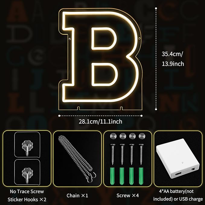Light Up Letters B, Led Marquee Letter Lights Neon Sign, 13.9" Height Decorative Lighted Alphabet Number, Battery/USB Powered Led Letters Lights for Wedding, Birthday, Party, Christmas or Home Decor
