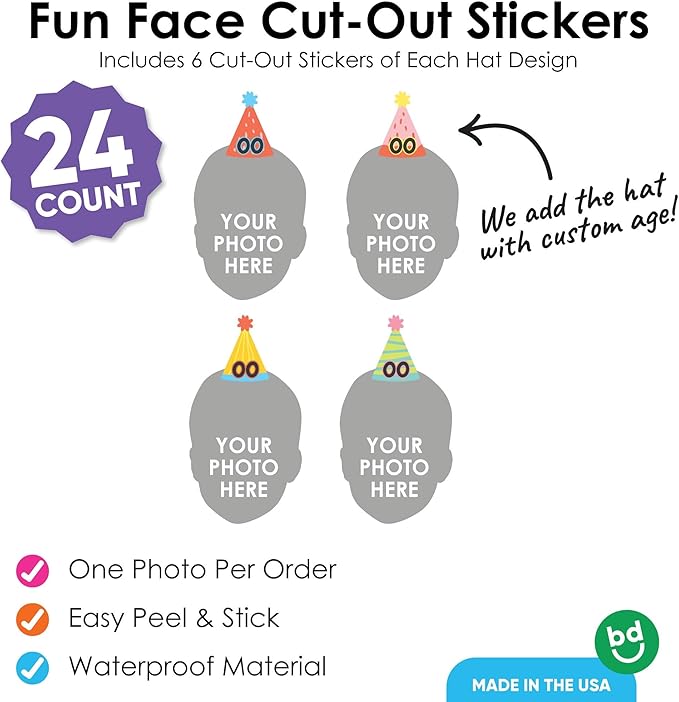 Big Dot of Happiness Custom Photo Party Time - Happy Birthday Party Favors - Fun Face Cut-Out Stickers - Set of 24