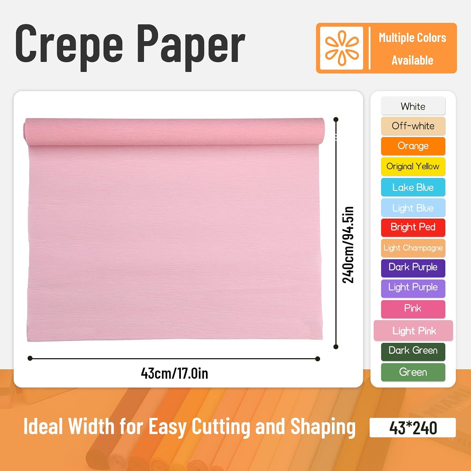 Jmuiiu Light Pink Crepe Paper, 16.9 Inch Wide 7.9ft Long Crepe Paper for Flower Making, Valentine's Day, Wedding Ceremony, DIY Craft Birthday Halloween Party and Large Festival Decoration