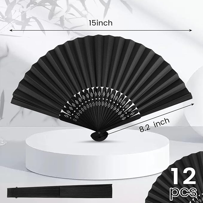 JOHOUSE 12 Packs 8.2 Inch Black Chinese Paper Foldable Hand Fan for Women - Wedding, Bridal Shower, Outdoor Party Favors, DIY Home Decor