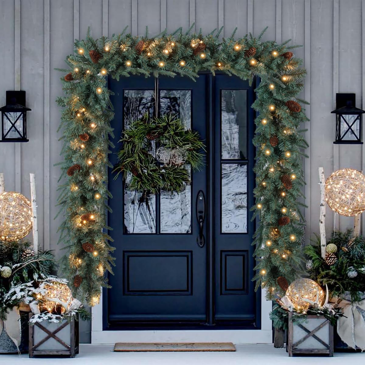 somikis 9ft christmas garland, battery operated pre-lit xmas shown in use