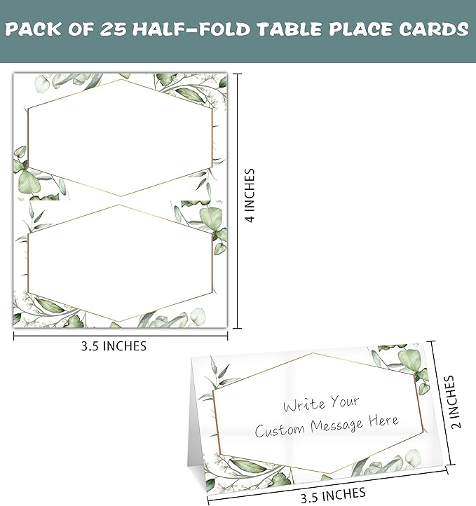 Gold Foil Greenery Table Place Card, 25 Pcs Tent Style Cards Set with Green Eucalyptus, Editable Name Cards for Table Seating, Food Lables for Birthday Party, Baby Shower, Wedding, Bridal Shower(12)