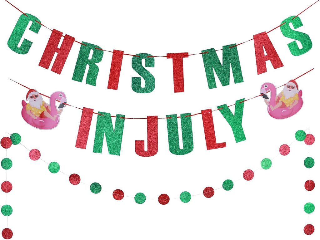 MAGQOO Christmas In July Banner Red Green Glitter Christmas in July Garland Photo Props Tropical christmas Party Decorations Pre-strung