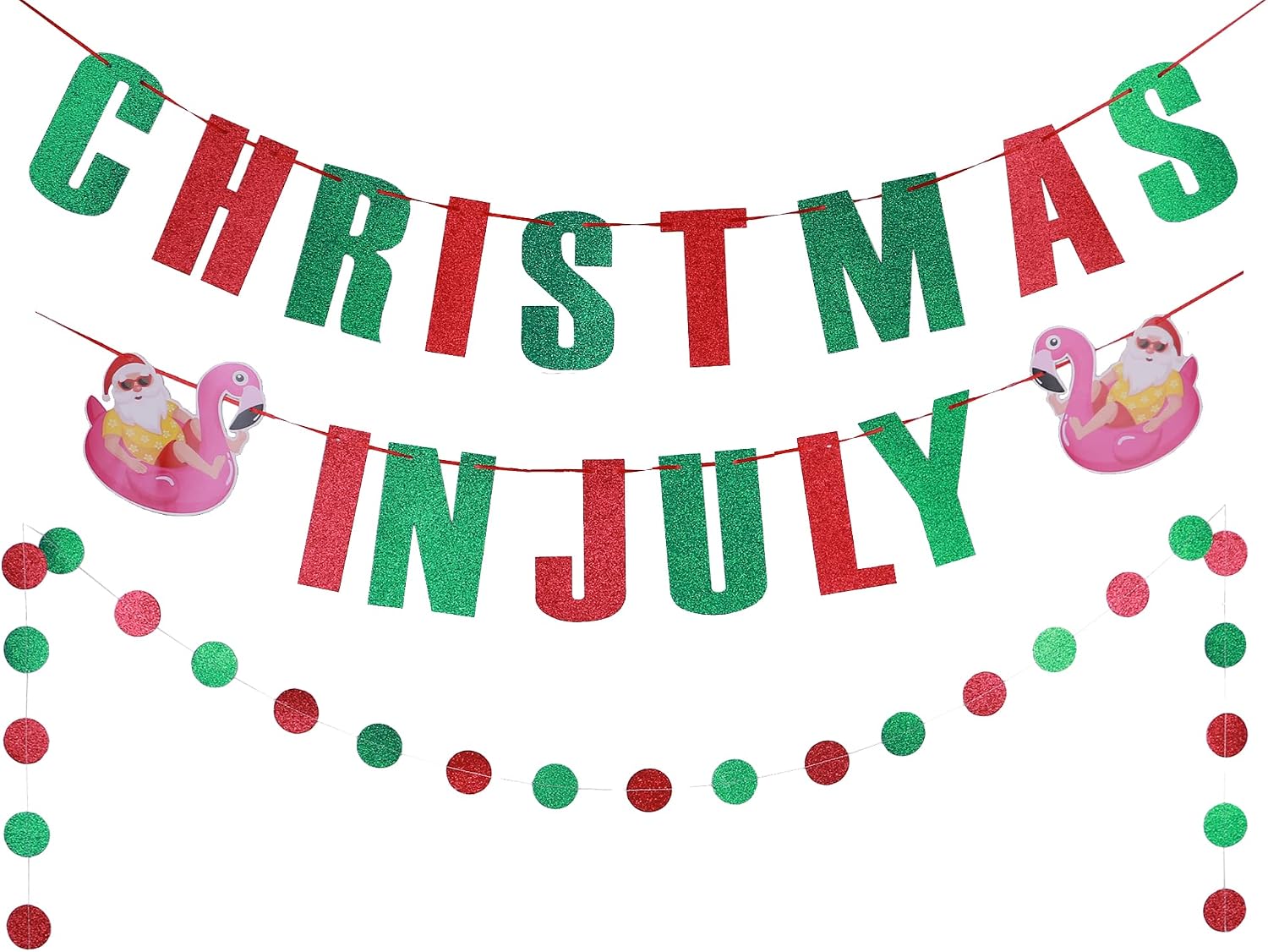 MAGQOO Christmas In July Banner Red Green Glitter Christmas in July Garland Photo Props Tropical christmas Party Decorations Pre-strung