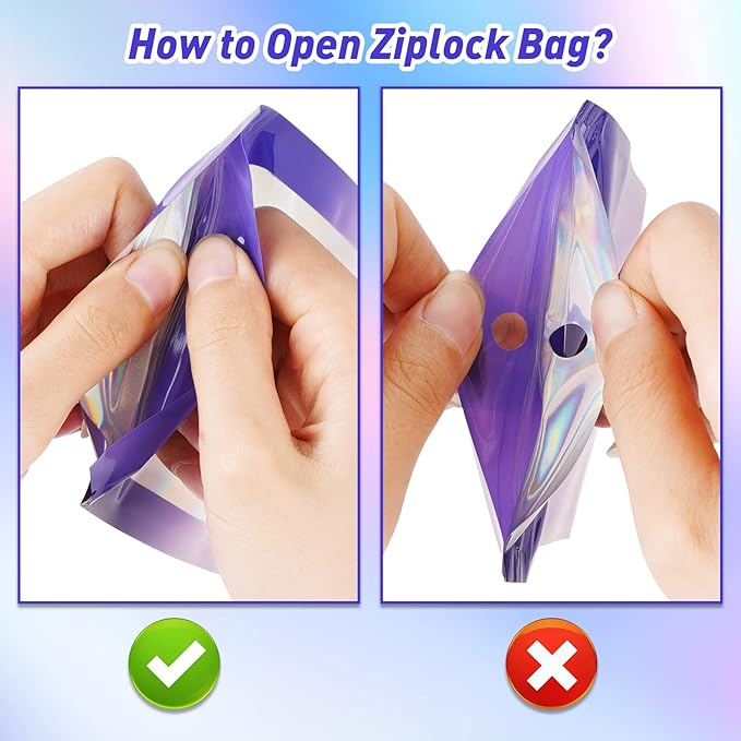 Funfery 100 Pack Holographic Bags,Mylar Resealable Bags with Zipper,Clear Window Packaging Pouch,Foil Bag for Food Storage,Sample Jewelry Baggies(3.1×5.1in,Purple Pink)