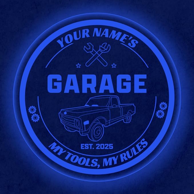 Custom Pickup Truck Garage Sign – Personalized LED Color Changing Acrylic Wall Decor for Garage, Workshop, or Man Cave (Garage 1, 16 INCHES)