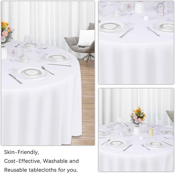 8 Pack White Round Tablecloth 120 Inch White Table Cloth Stain and Wrinkle Resistant Round White Tablecloths Reusable and Washable Polyester Fabric Table Covers for Buffet Wedding Party and Banquet