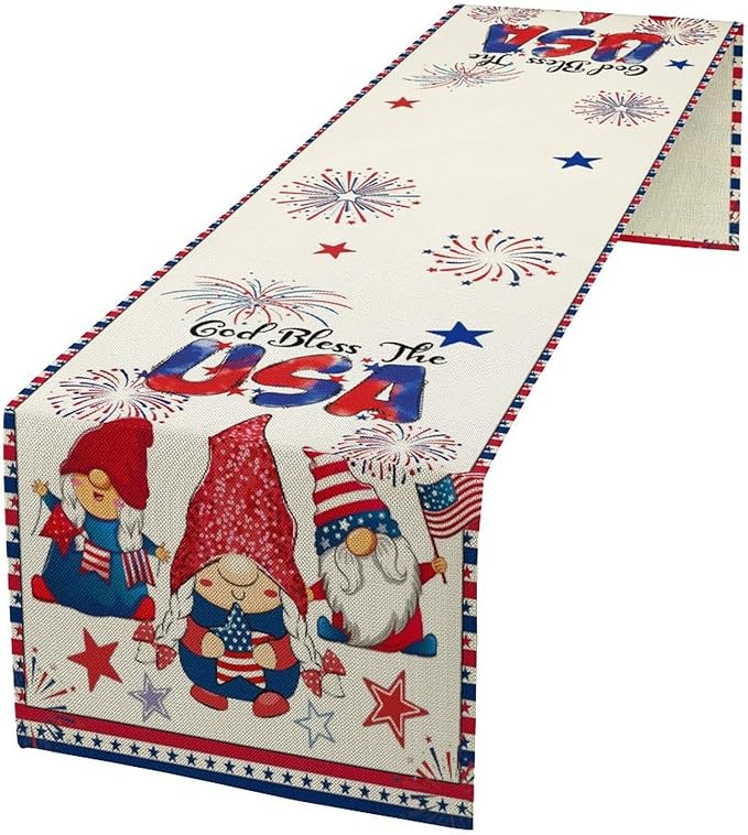 Cute Patriotic Gnomes Table Runner, American Independence Day 4th of July Gnome Blue Red Fireworks Confetti Print Table Runner for Home Kitchen Dining Table Party Decor, 13x120inch