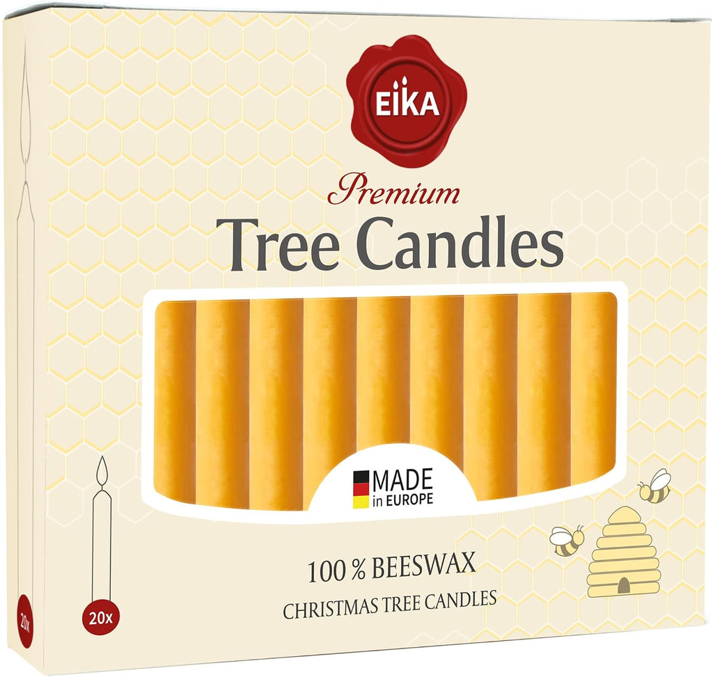 Eika Premium 100% Beeswax Tree Candles - Pack of 40 Honey Colored Natural Christmas Wax Candles for Pyramids, Carousels & Chimes - Made in Europe