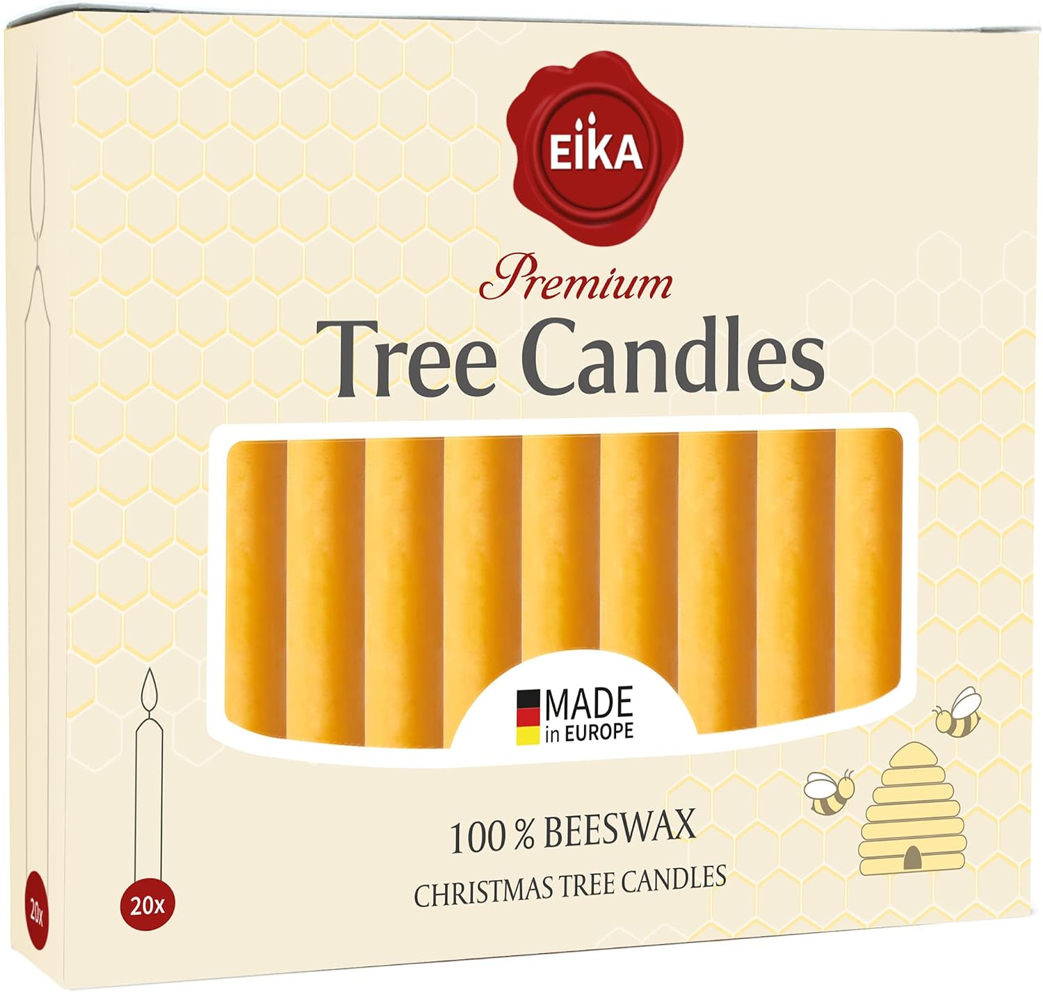 Eika Premium 100% Beeswax Tree Candles - Pack of 40 Honey Colored Natural Christmas Wax Candles for Pyramids, Carousels & Chimes - Made in Europe