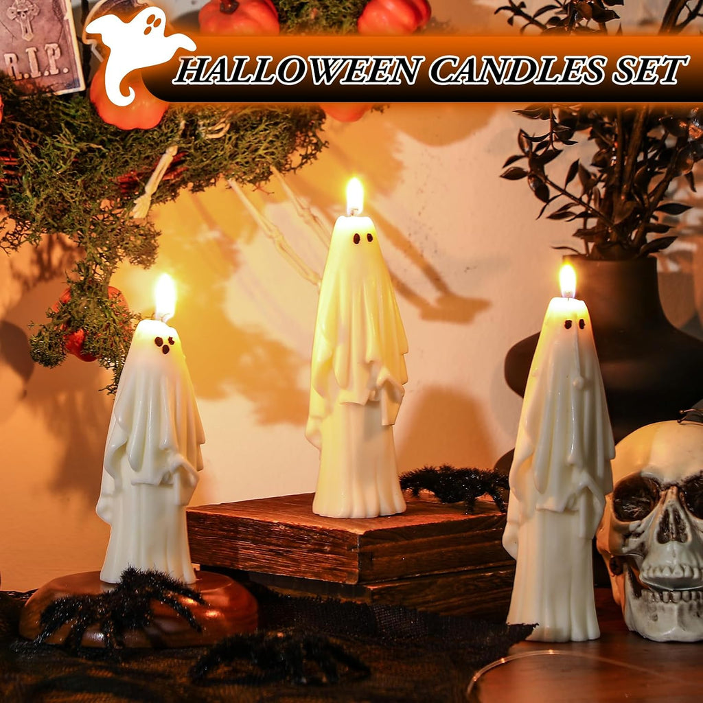 Nuanchu 3 Pcs Halloween Ghost Decor Ghost Candles Gothic Decoration Indoor Gift for Mantel Halloween Table Centerpiece Cute Goth Taper Candle Spooky Tabletop Novelty Party Favor Basket Stuffer