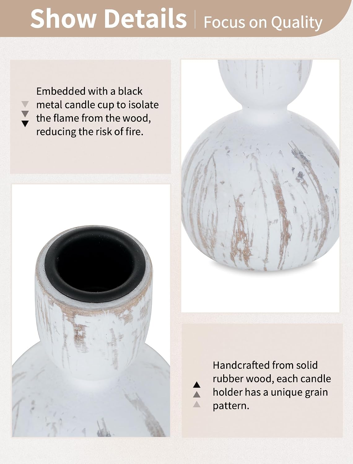 NUPTIO Wooden Taper Candle Holders, Set of 6 White Candlesticks