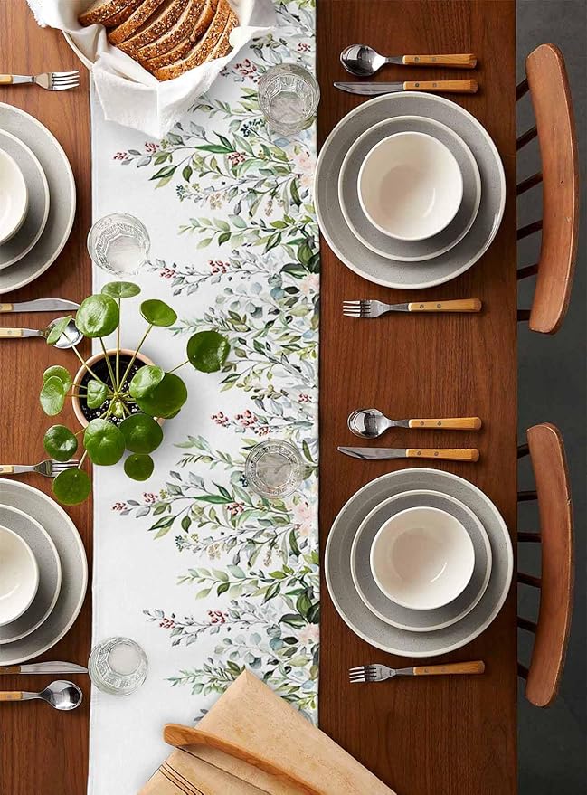 Botanical Eucalyptus Cotton Linen Table Runner for Dining Kitchen, Wedding Outdoor Party Tablerunners Decoration, Sage Green Leaves Elegant Floral Dresser Scarf Coffee Tablecloth Runners 13x120 Inches