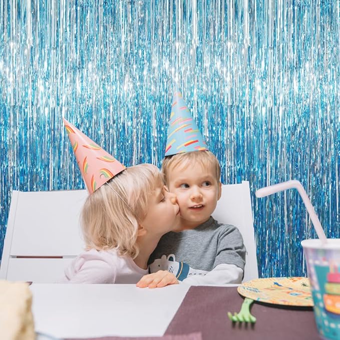 GOER 6.4 ft x 8.2 ft Metallic Tinsel Foil Fringe Curtains,Pack of 2 Party Streamer Backdrop for Birthday,Graduation Decorations and New Year Eve (Light Blue)