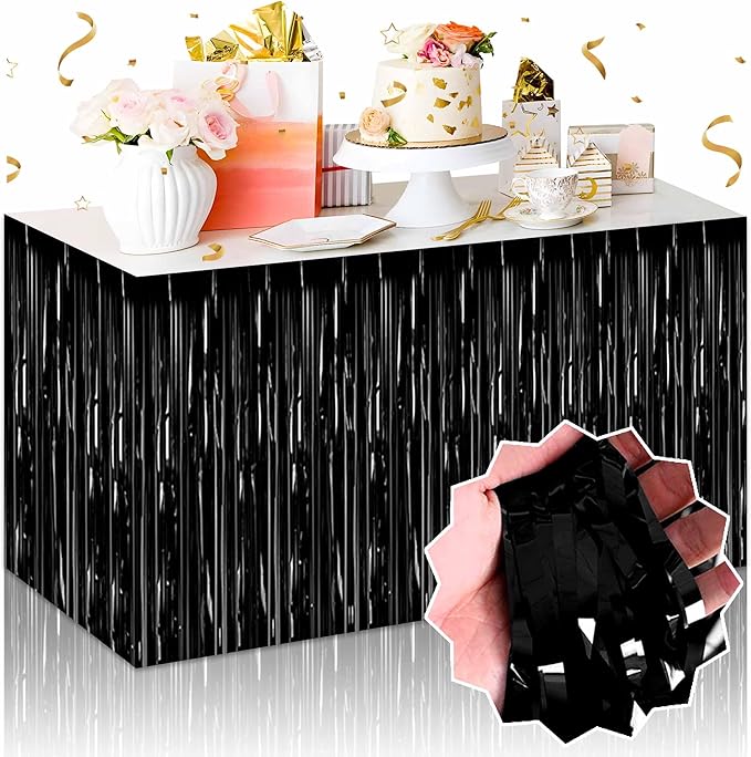 3 Pack 29 x108 Inch Black Foil Fringe Table Skirts Metallic Banner for Tinsel Streamer Garland Backdrop for Parade Floats Mother's Day, Graduate, Birthday, Wedding Party Decoration