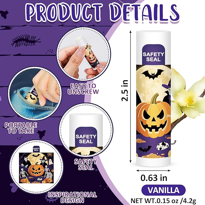 DMSKY 60 Pcs Halloween Lip Balm Bulk, Halloween Party Favors Bulk, Halloween Goodie Bags Fillers for Trick or Treat