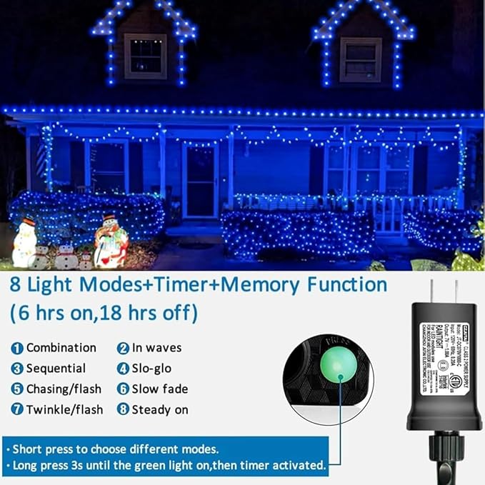 YEGUO 66ft 200 LED Blue Christmas Lights Outdoor Waterproof, Green Wire String Lights Indoor, Twinkle Tree Lights Plug in with Memory Timer