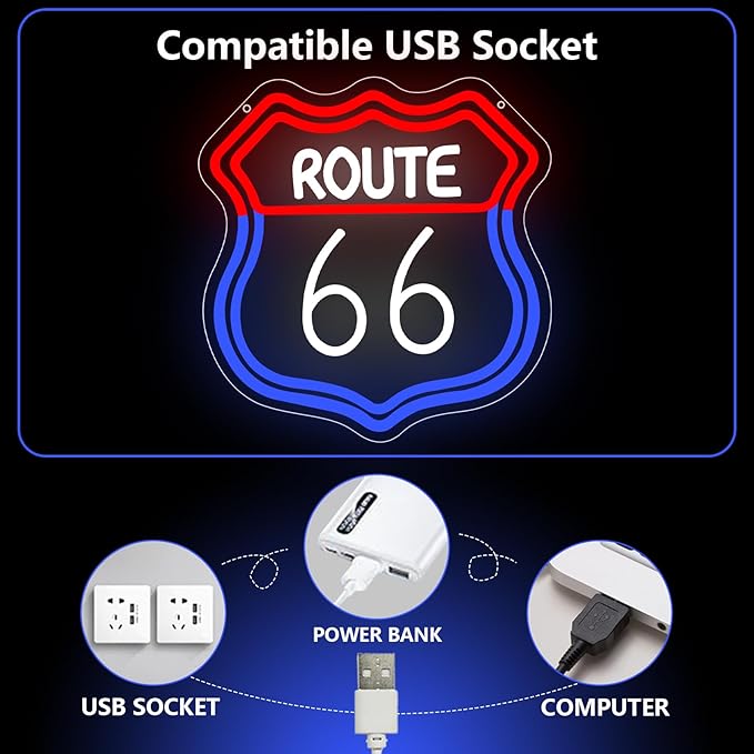 Route 66 Neon Sign, Route 66 Light up Sign Led Neon Light Signs for Wall Decor Party Decorations Home Bedroom Man Cave Birthday Christmas Gift Dimmable USB Powered(12.6" × 12.1")