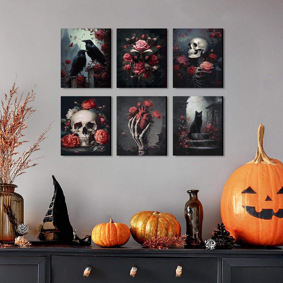HPNIUB Vintage Skull Halloween Floral Framed Canvas Wall Art, Set Of 6 Piece ...