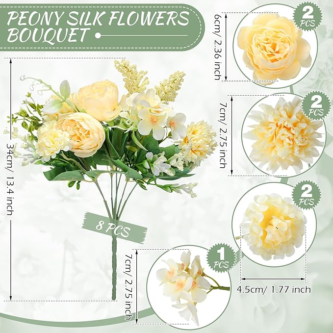 Zeyune 8 Pcs Wedding Silk Flowers Fake Silk Flowers Faux Bouquet Hydrangea Bouquets for Wedding Birthday Party Table Centerpieces Home Decoration(Champagne,Peony)