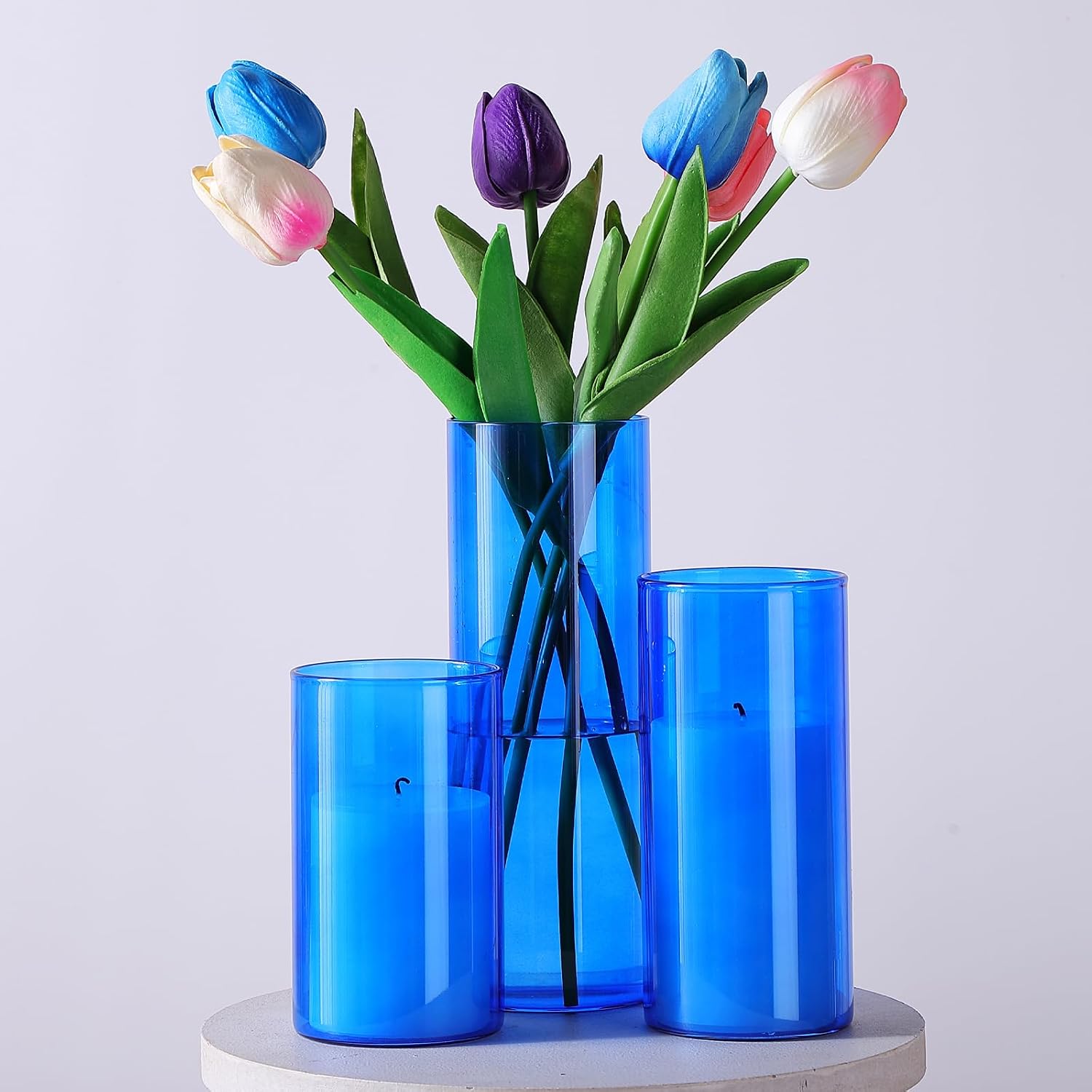 Shihanee 6 Sets/ 12 Pcs Blue Glass Cylinder Holders for White Pillar Candles Clear Cylinder Vases for Slim Pillar Candles Christmas Table Centerpieces, 2.8'' x 4.7", 5.9", 7.9"