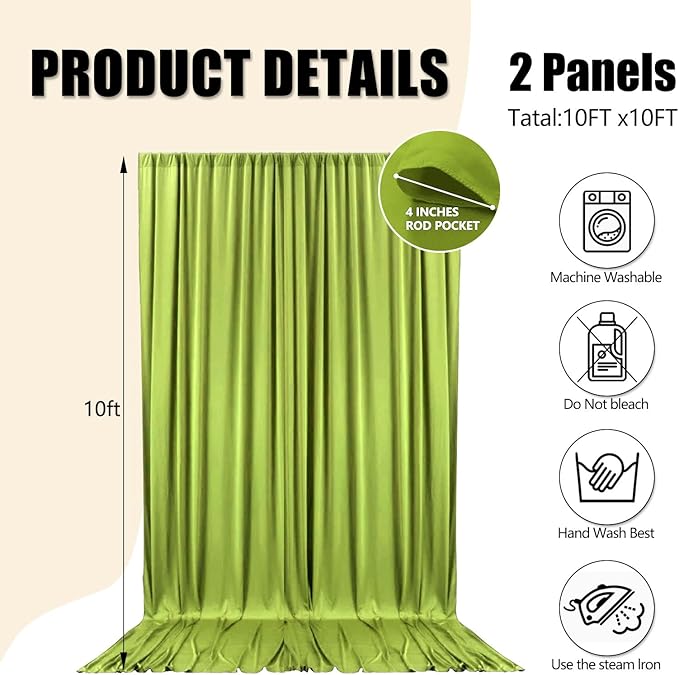 10ft x 10ft Olive Green Backdrop Curtains for Parties, Fabric Satin Background Curtain with Rod Pockets for Weddings, Birthday, Baby Shower, Photography, Graduation Party Backdrop Drapes, 2 Panels