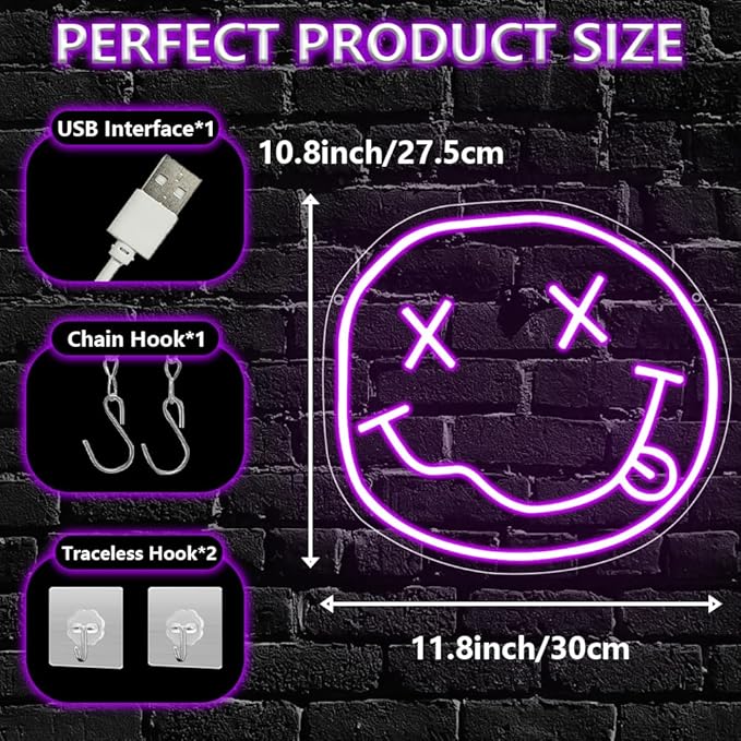 Smiley Face Neon Sign,Melting Smile Face LED Light Signs for Backdrop,Purple Wall Art Decor for Bar Bedroom Kids Room Party Decorations,Gift for Kids Teens Women USB Powered（11.8"*10.8"）